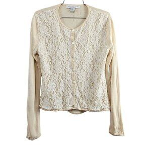 💎August Silk Studio Knit Long Sleeve Lace Silk Cream Button Up Cardigan Sweater